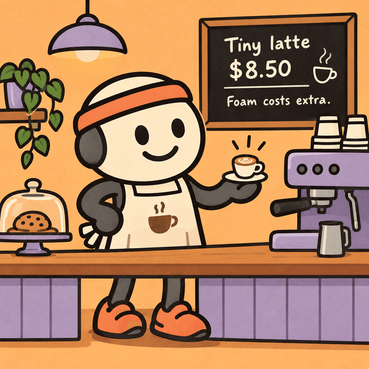 Pookie in an apron and running shoes, serving a tiny latte beside an espresso machine. The café menu says Tiny latte $8.50 and Foam costs extra.